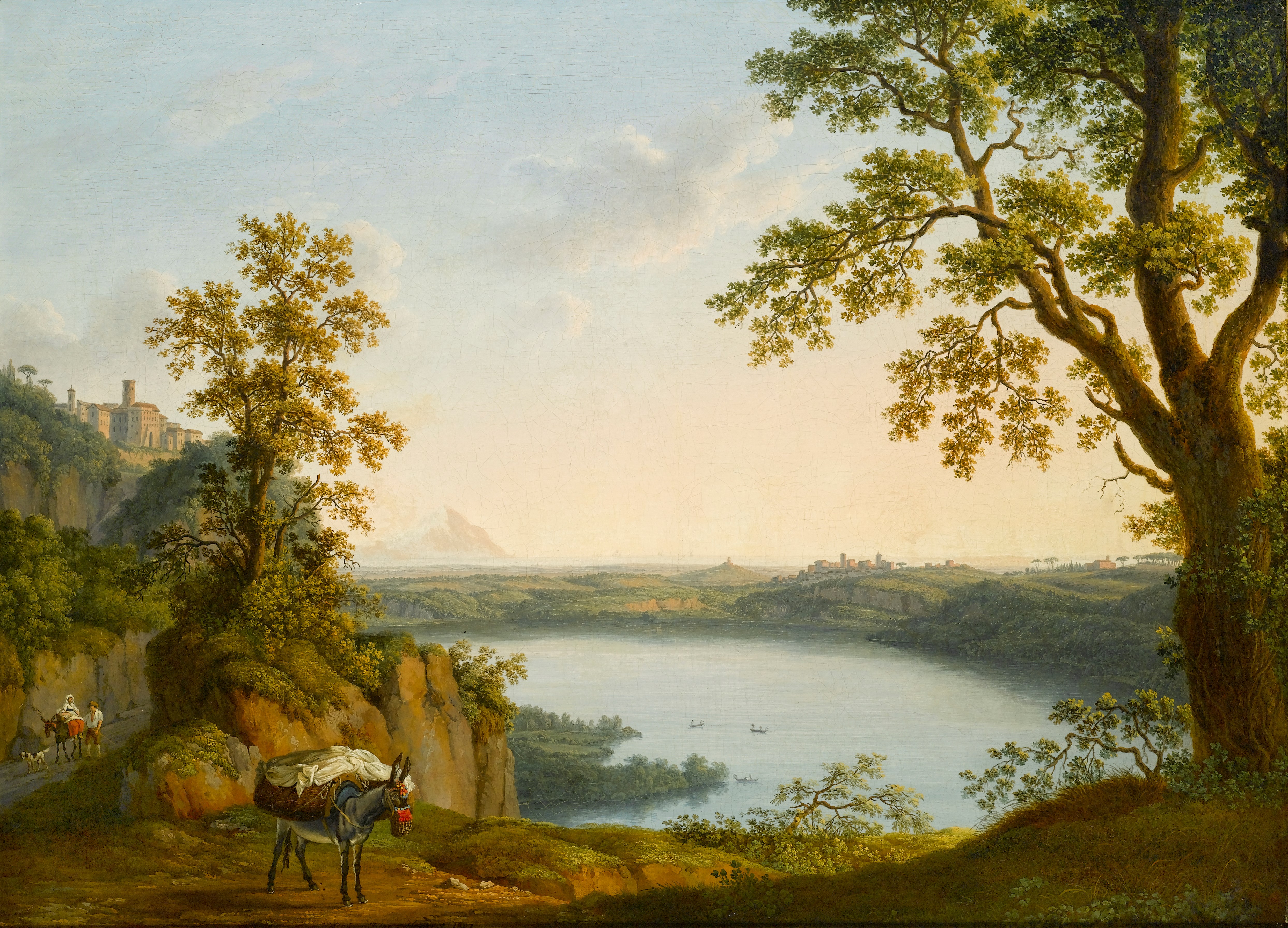 Lake Nemi from the North, with the Town of Nemi and the Town of Genzano beyond, with a Donkey and Travellers on a Path in the Foreground